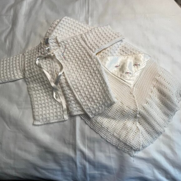 Vintage baby christening knitted sweater & blanket matching outfit - Picture 2 of 8